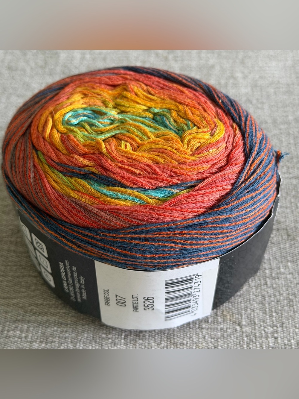 NWT Lana Grossa Cotton/Polyacrylic Yarn Cake - Orange, Yellow, Teal, Navy 100g